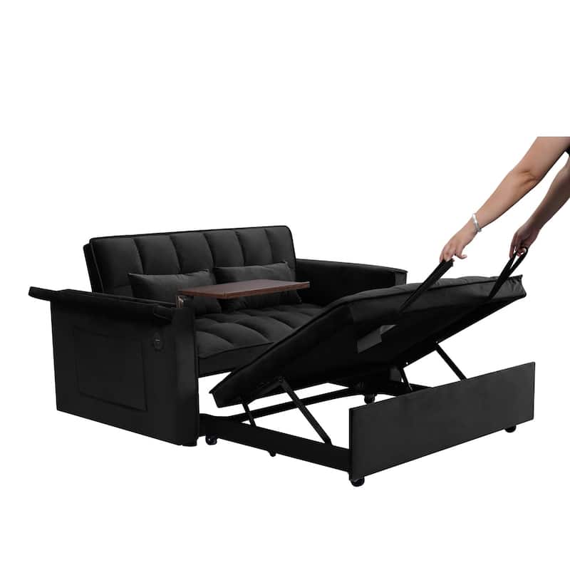 55.5" Convertible Velvet Double Sleeper Sofa Bed with Hidden Side Table