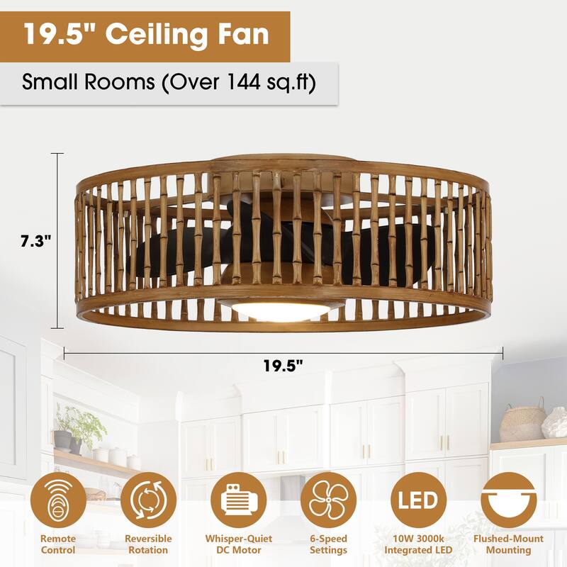 19.5" Natural Brown Faux Bamboo 6-Speed Ceiling Fan Flush Mount with Light