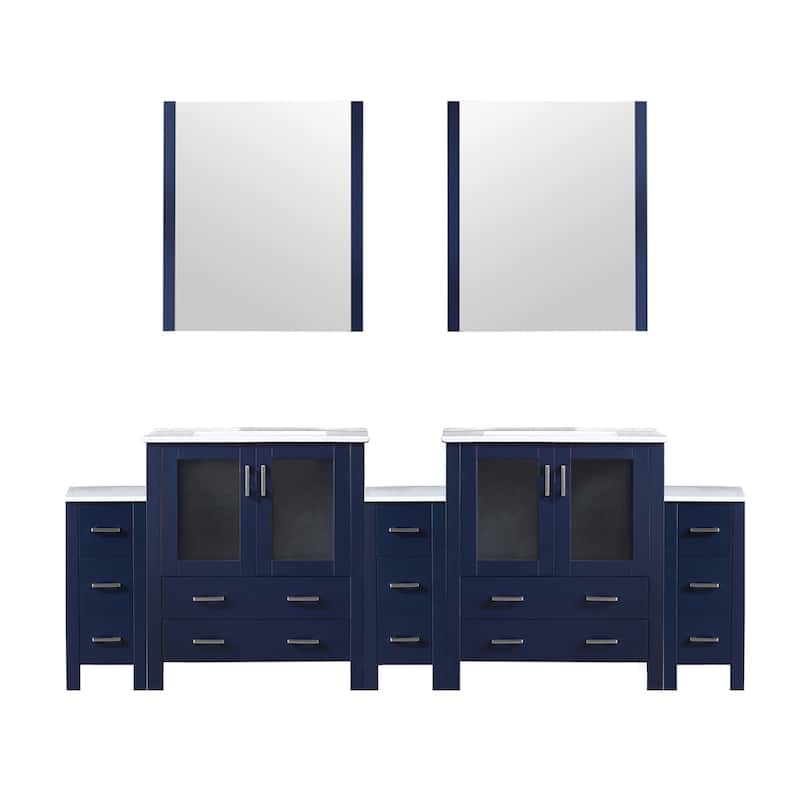 Volez Double Bath Vanity with Side Cabinets, White Ceramic Top and Mirrors - 96 - Navy Blue