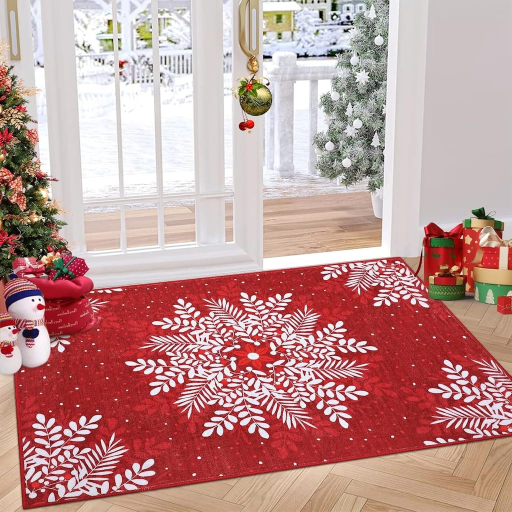 Christmas Snowflake Washable Area Rug, for Holiday Decor, Red