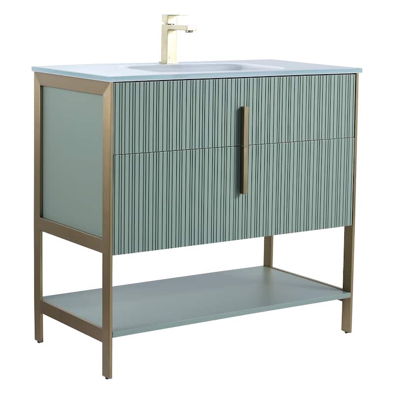 Fine Fixtures Serenity Modern Bathroom Vanity with White Glass Top - Mint Green - Brass Hardware - 36 inch