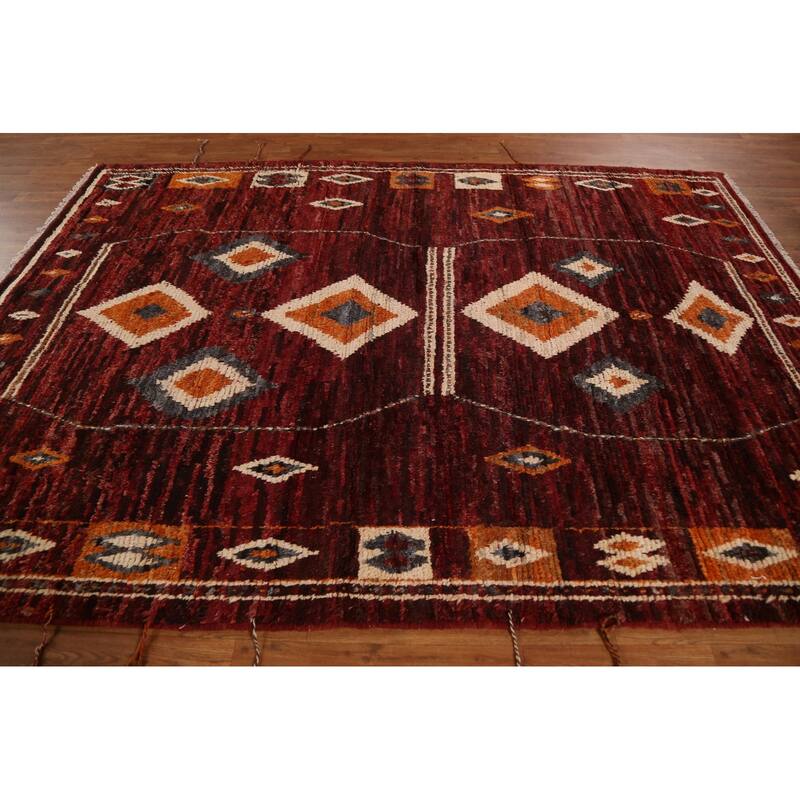 Hand Knotted Oriental 100% Wool Carpet Modern Tribal Red Moroccan Area Rug - 9' 7'' X 6' 10''