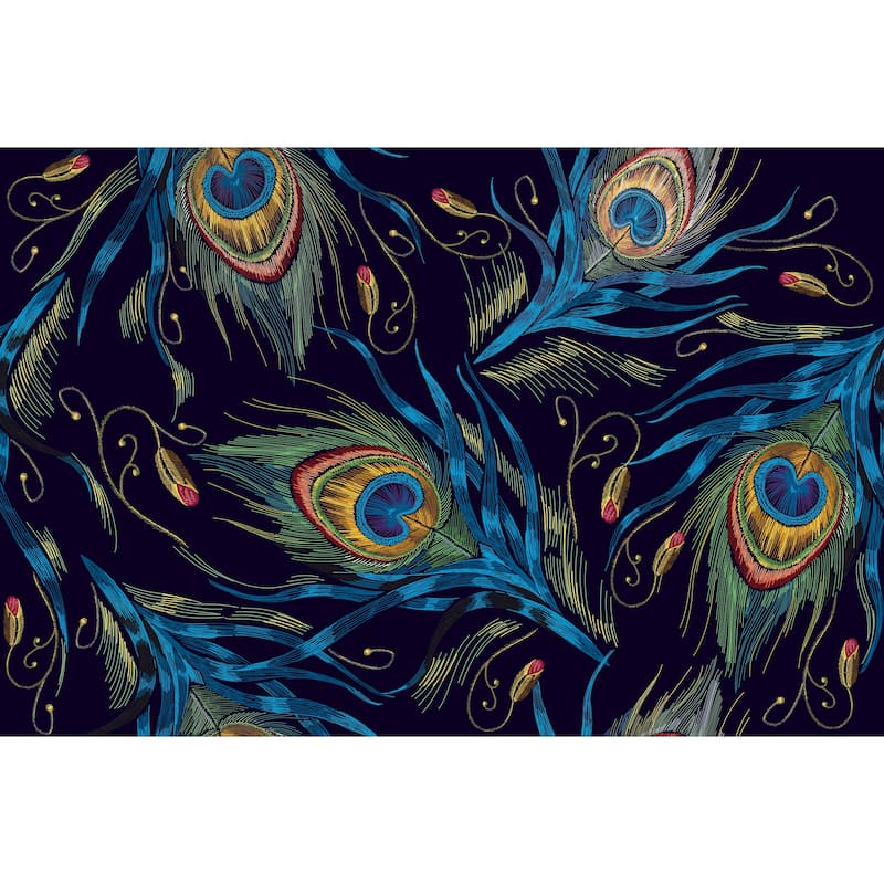 Embroidery Peacock Feathers, Removable Wallpaper - 10'ft H x 24''inch W - 10'ft H x 24''inch W - Blue