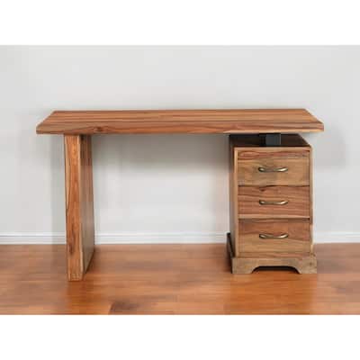 HomeRoots 54" Brown Live Edge Solid Wood Writing Desk With Three Drawers