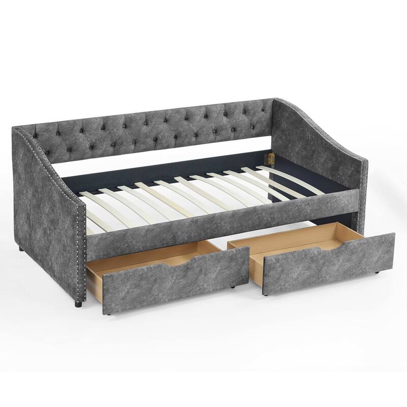 Linen Upholstered Daybed with 2 Drawers, Button-Tufted Backrest & Copper Nail Decoration