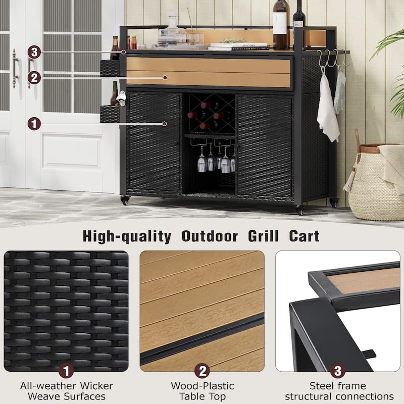 52.8"W Wicker Outdoor Grill cart with Extended Plastic Wood Table Top, Rolling Kitchen Island on Wheels with Storage Cabinet