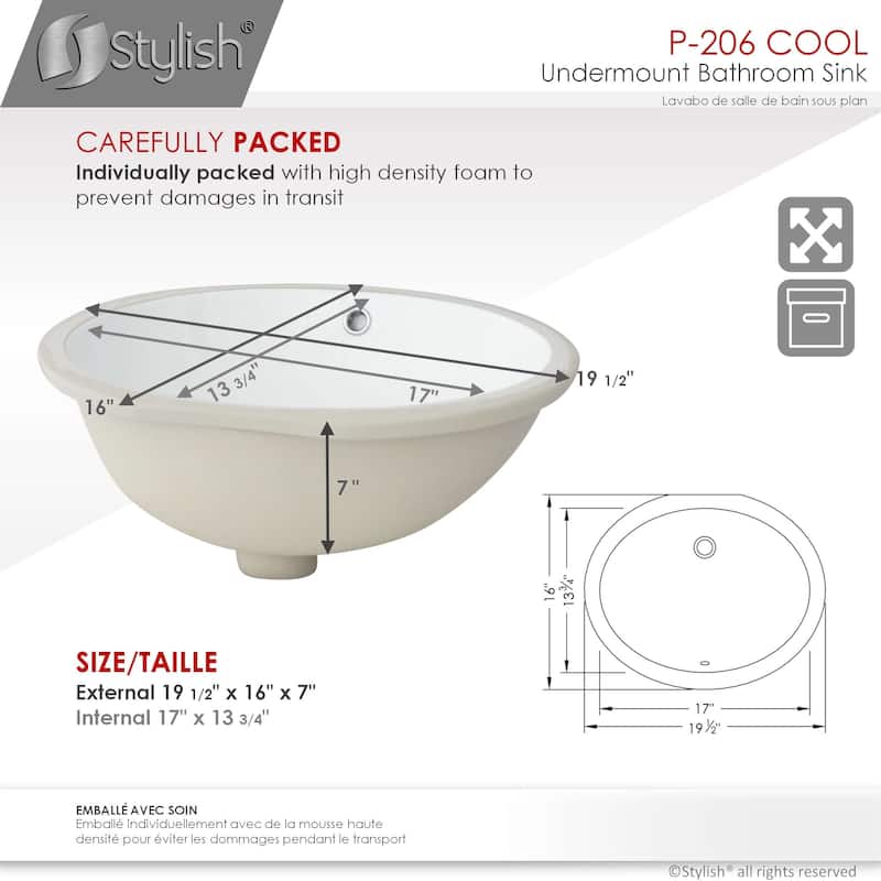 STYLISH 19.5 inch Oval Undermount Porcelain Bathroom Sink with 2 Overflow Finishes