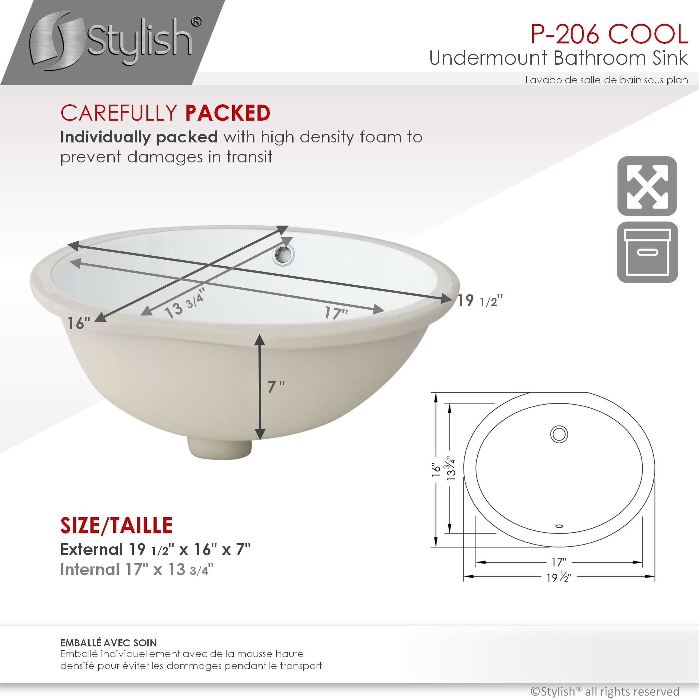 STYLISH Porcelain Oval 19.5 inches Undermount Ceramic Bathroom Sink