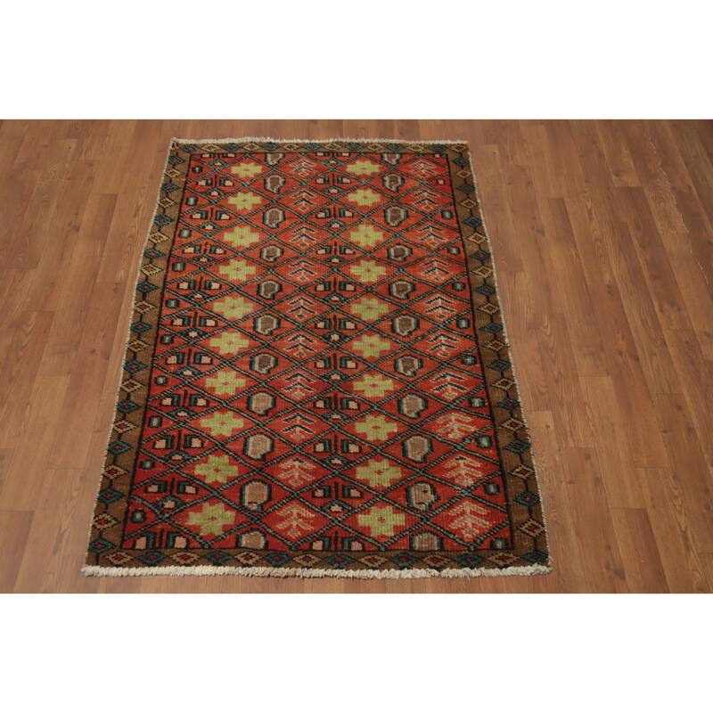 Hand Knotted Oriental 100% Wool Carpet Traditional Geometric Oranges & Rust Ardebil Area Rug - 4' 6'' X 3' 2''
