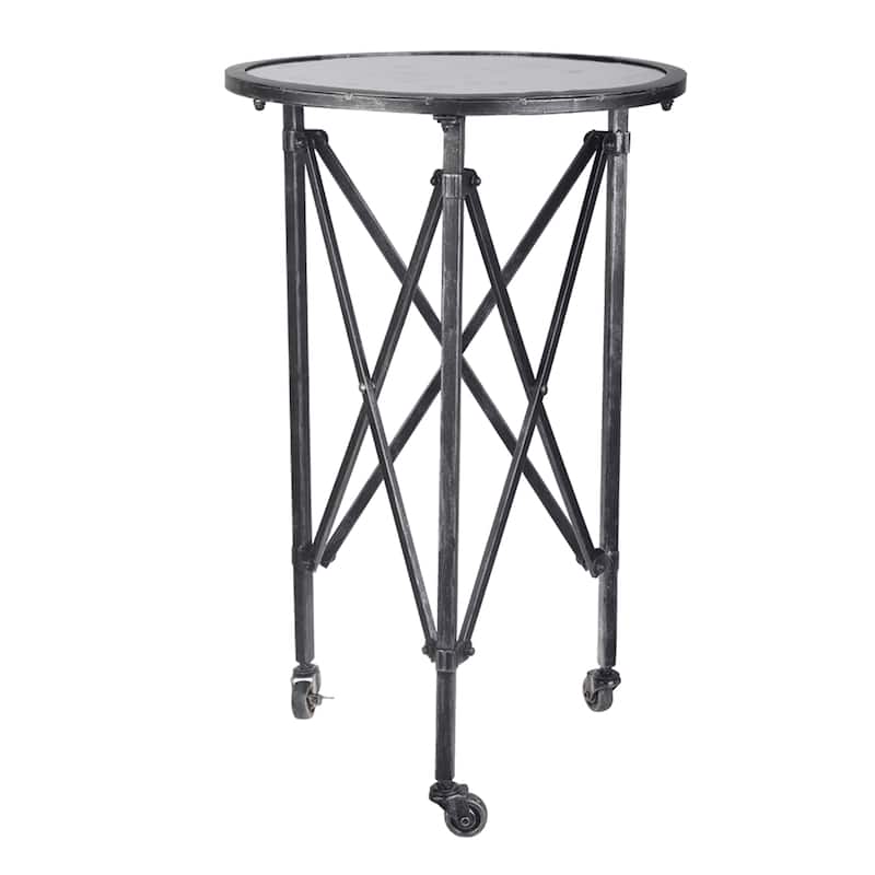Round Side Table With Glass Top and Wheels - 26.5" - Antique Silver