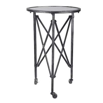 Round Side Table With Glass Top and Wheels - 26.5" - Antique Silver
