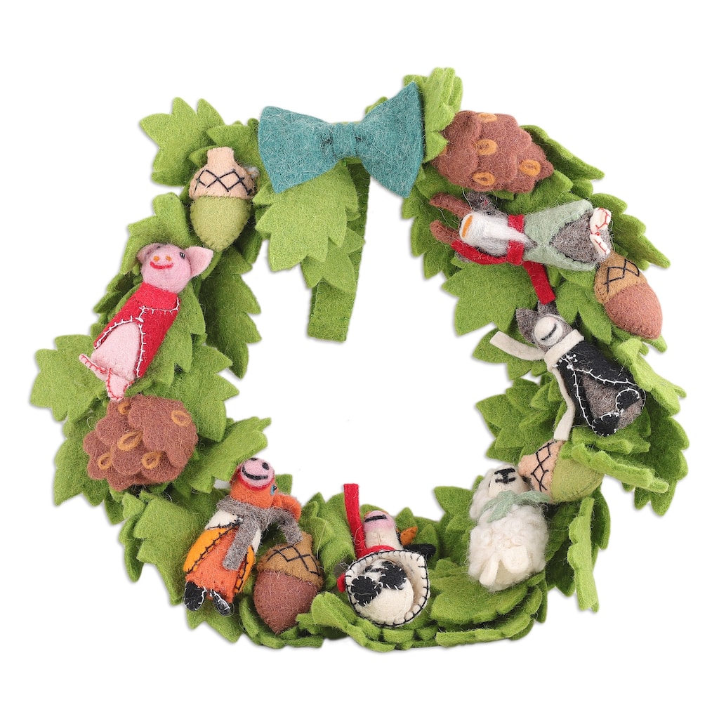 Novica Handmade Barnyard Party Wool Felt Wreath - Green