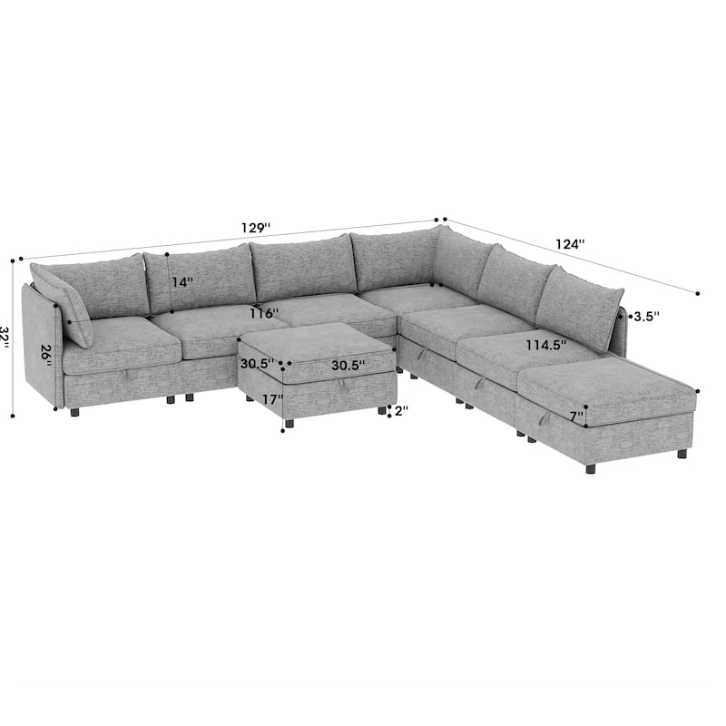 L Shaped Modular Sectional Sofa with Storage, Convertible 8 Seater Sofa with Chaise & Ottoman, Chenille Fabric Sleeper Sofa