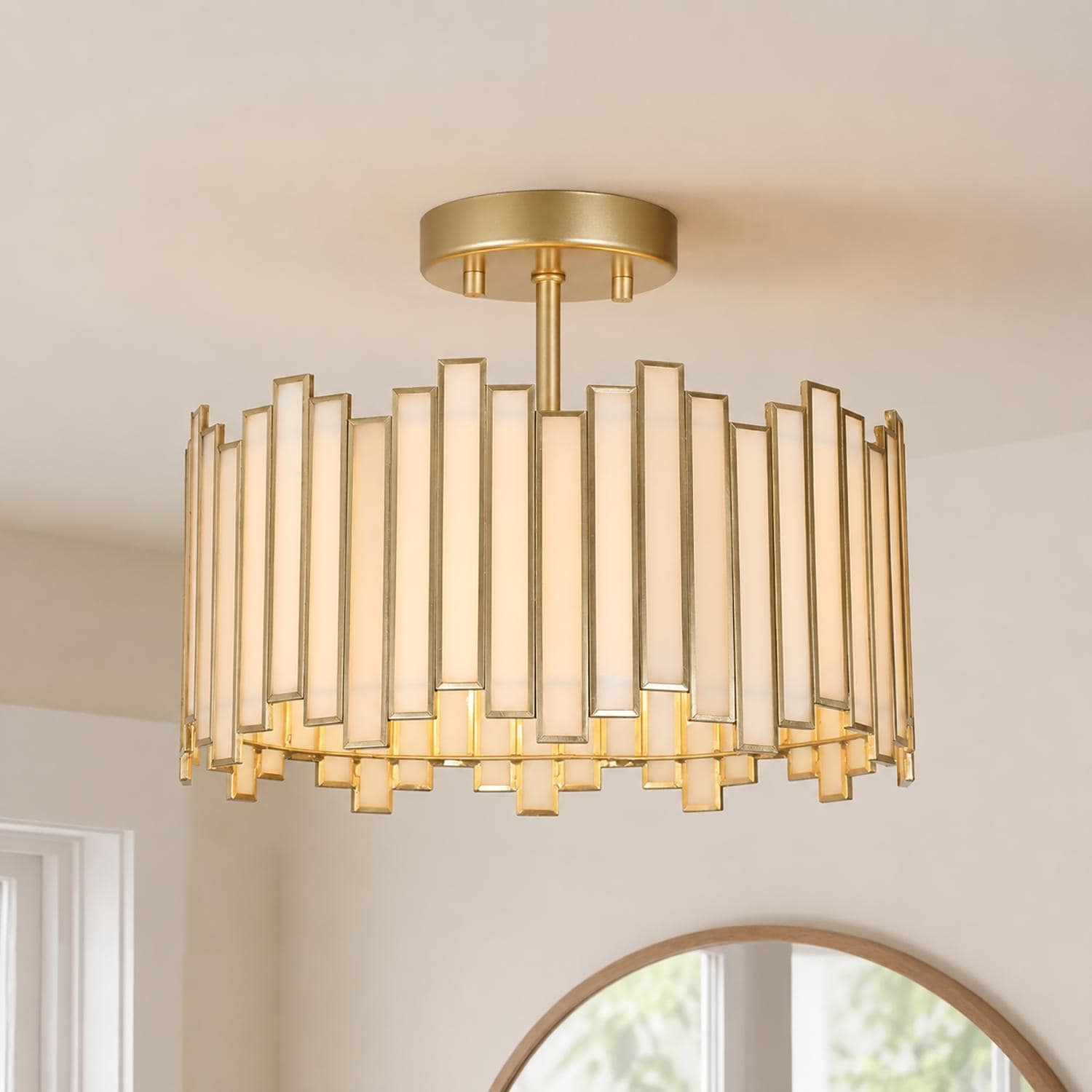 Tifany Modern Gold 3-Light Drum Glass Chandelier Semi-Flush Mount Ceiling Light