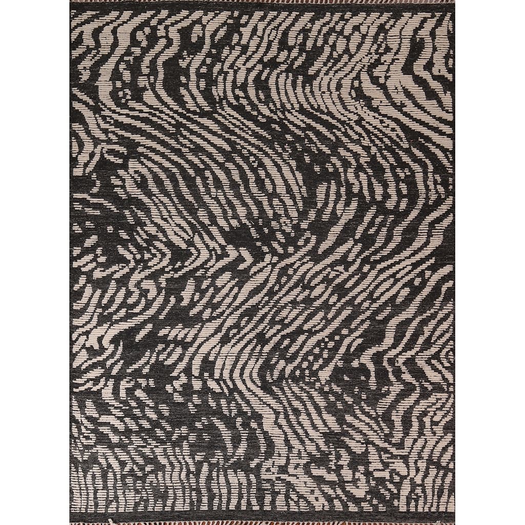 All-Over Black & White Moroccan Abstract Area Rug Handmade Wool Carpet - 8'2"x 10'3"