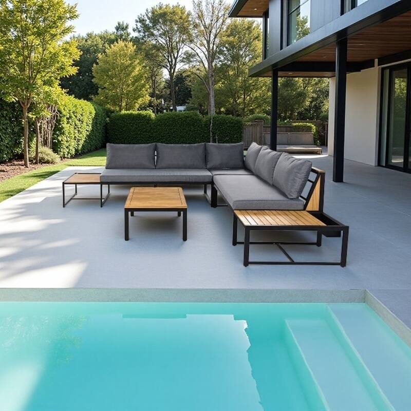 4-Piece Outdoor Sofa Set with Waterproof Cushions, Iron & Acacia Wood Frame, Coffee Table & Pillows Included - Gray