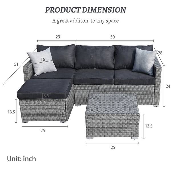 dimension image slide 2 of 3, 3-piece Patio Furniture Sets Resin Wicker Outdoor Sectional Sofa Chat Set