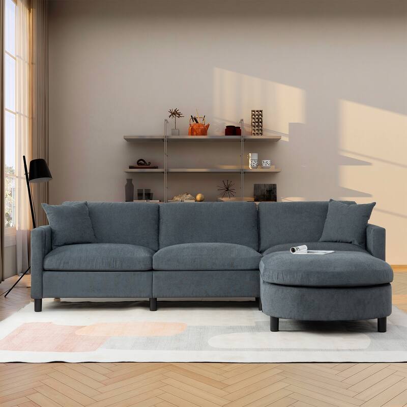 Modern Fabric Sofa with Storage Armrest, Movable Ottoman, and Durable Frame - 3 Seat Couch - Dark Grey