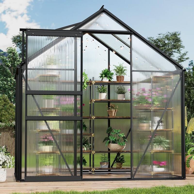 6x4FT Walk-in Polycarbonate Greenhouse for Outdoors Winter Gardening, Black