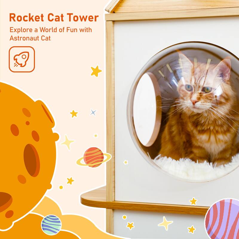 Modern Rocket Shape Multi-level Cat Tree with 3 Condos & Dangling Balls