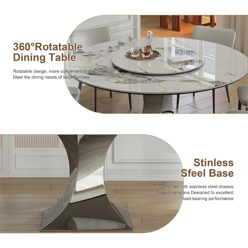 59" Round Sintered Stone Table Set – Black Titanium Base & 6 Gray Chairs, Scratch/Heat-Resistant‌.