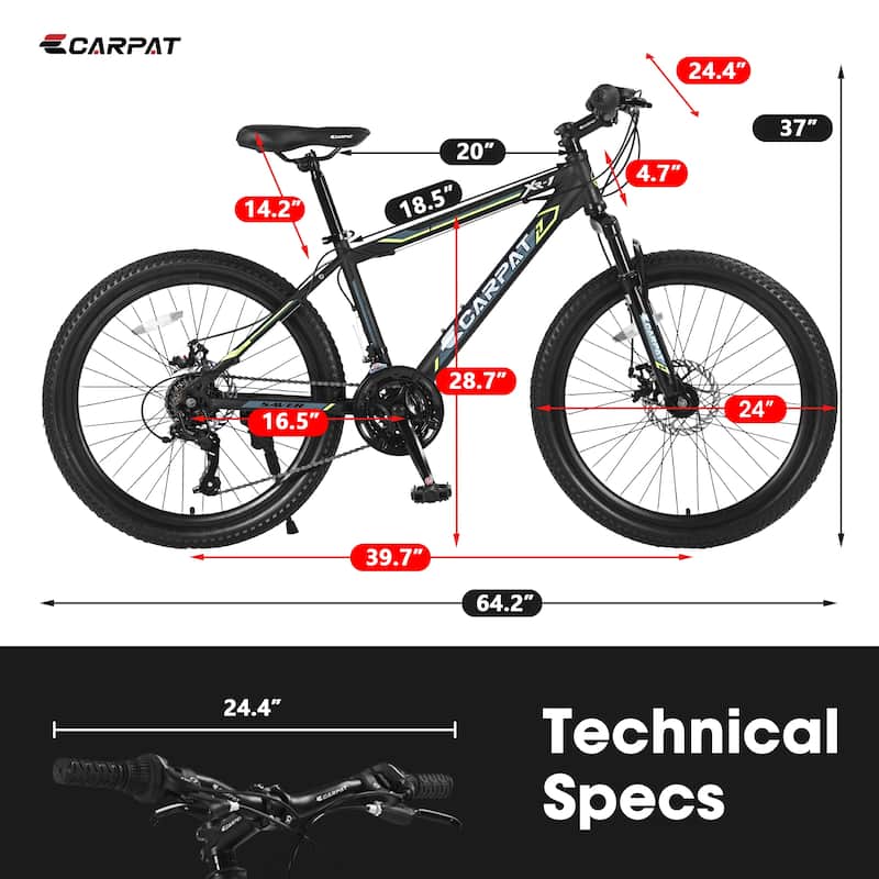 24 Inch Mountain Bike Boys Girls, Steel Frame, Shimano 21 Speed Mountain Bicycle with Daul Disc Brakes and Front Suspension