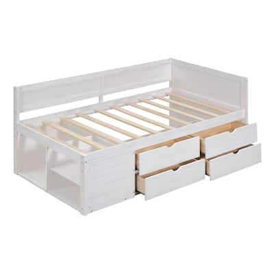 Daybed w/ 3 Storage Shelves, 4 Drawers, Wooden Platform Bed Frame