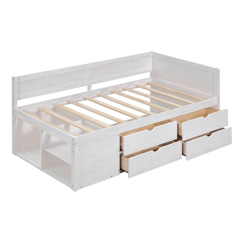 Pine Wood Daybed Frame with 4 Storage Drawers & Shelves