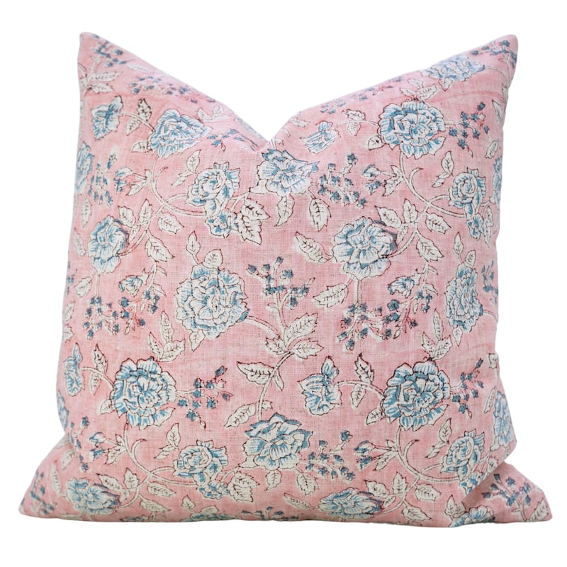Fabdivine Pink or Gray Floral Accent Cushion Cover for Farmhouse Sofa, Bed Pillowcase 12x20 Inch Viscose Linen, Rameshwaram