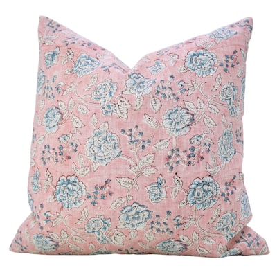 Fabdivine Pink or Gray Floral Accent Cushion Cover for Farmhouse Sofa, Bed Pillowcase 14x20 Inch Viscose Linen, Rameshwaram