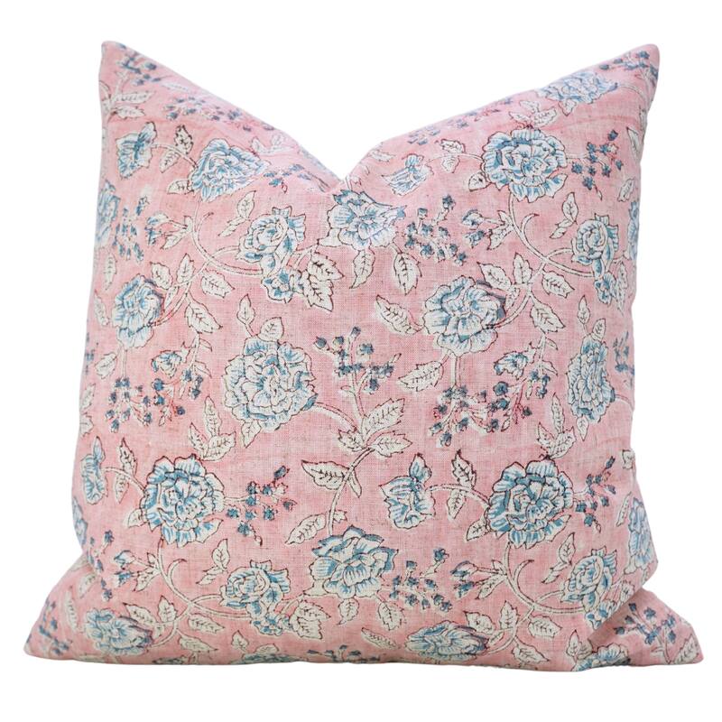 Fabdivine Pink or Gray Floral Accent Cushion Cover for Farmhouse Sofa, Bed Pillowcase 16x16 Inch Viscose Linen, Rameshwaram