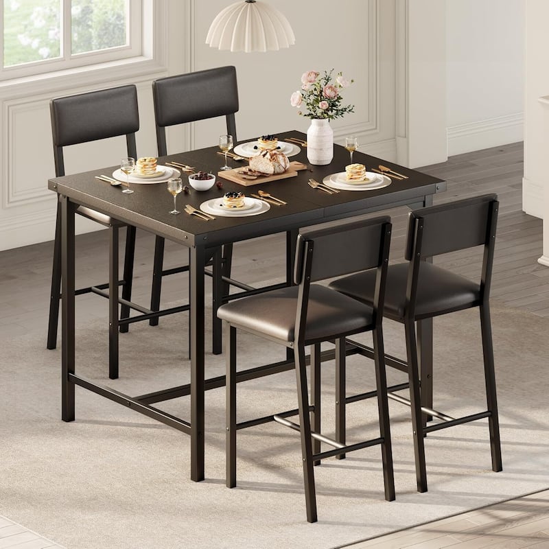 Counter Height Kitchen Dining Table Set with 4 Upholstered Bar Stools for Dining Room - Black