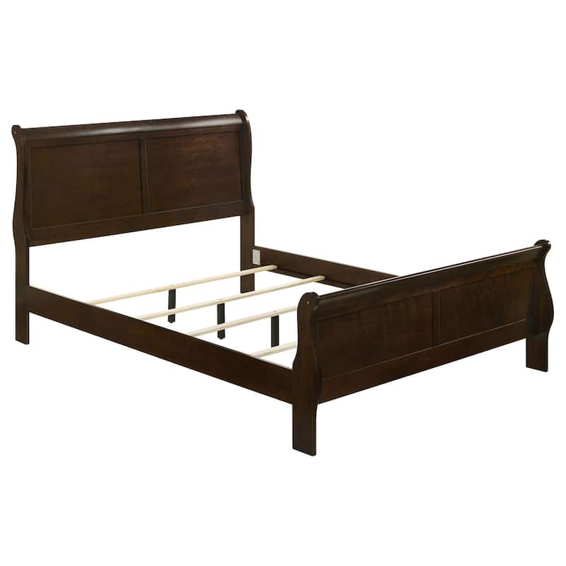 Red Brown Twin Sleigh Bed with Curved Headboard and Footboard, Classic Panel Design