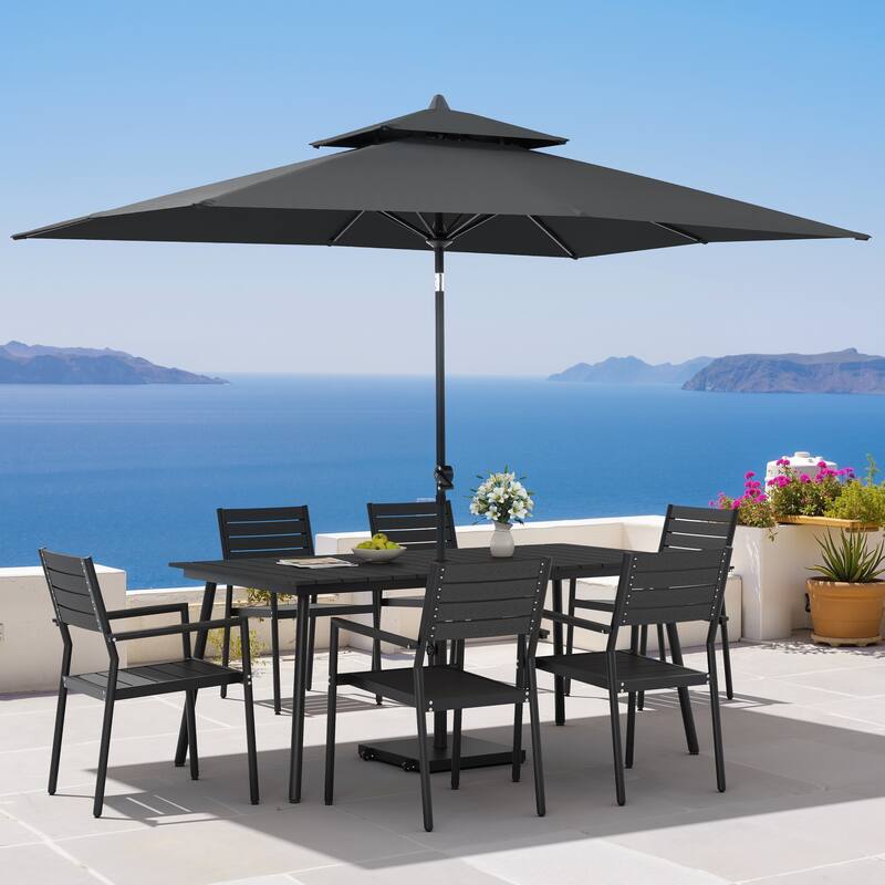 9PC Outdoor Patio Dining Set Wood-Like Aluminum Table with Stackable Armchairs,Double Top Market Umbrella and Wheel Base - BlackTable&BlackChairs&BlackUmbrella