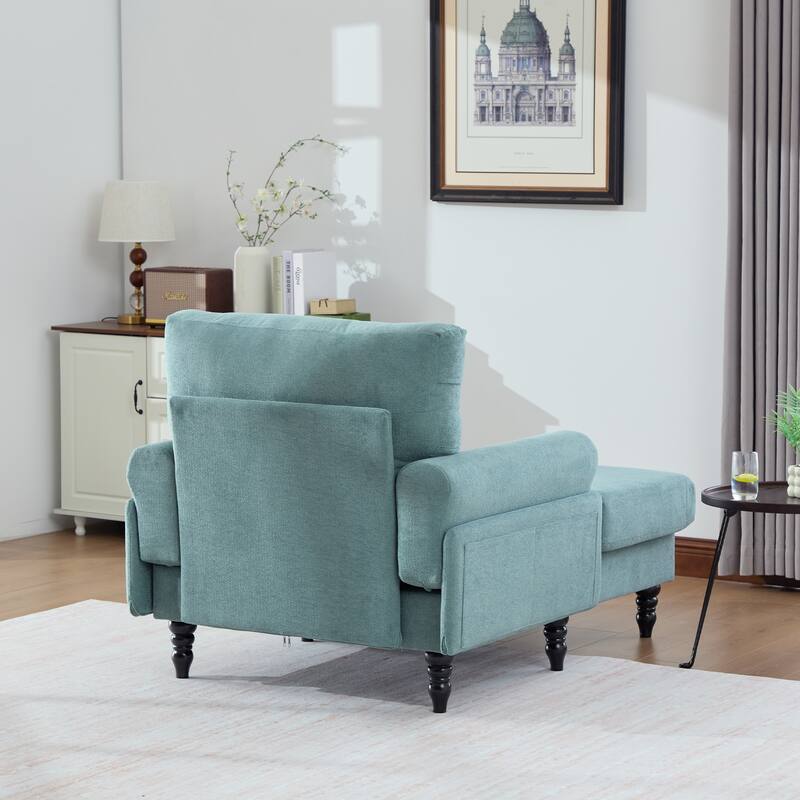 Modern Chaise Lounge Single Sofa Chair, Chenille Fabric Recliner Armchair with Side Pockets and Wooden Legs