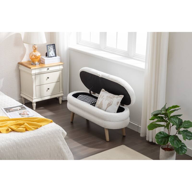 Boucle Fabric 44.8" Storage Bed Bench with Wood Legs, Safety Hinge, Supports up to 300lbs