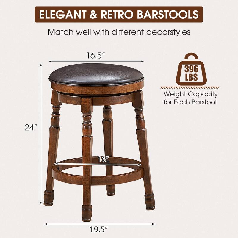 Bar Stools Set of 2 Swivel Barstools 24" Counter Height Bar Stools Backless Solid Wood Chairs with Faux Leather Seat,