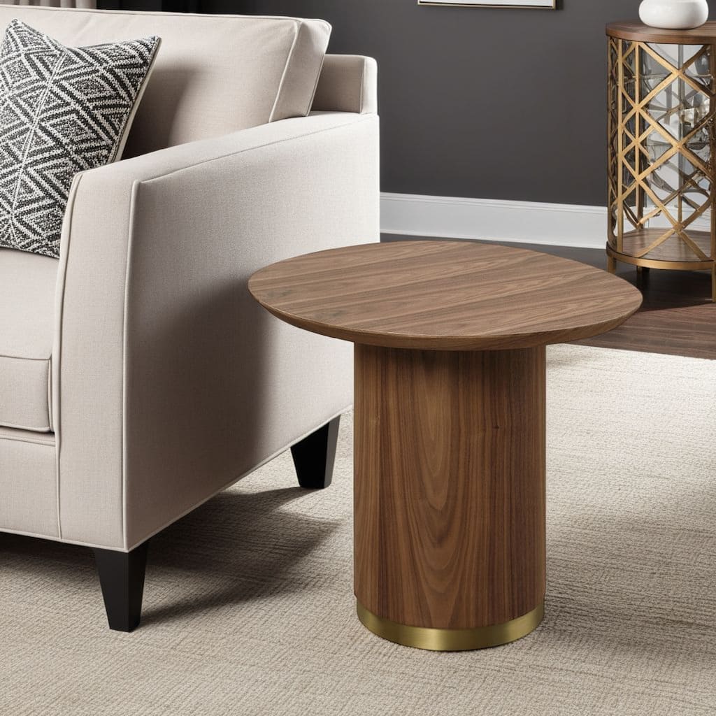 Iliana Side End Table, 21 Inch Oval Top, Round Pedestal, Walnut Brown