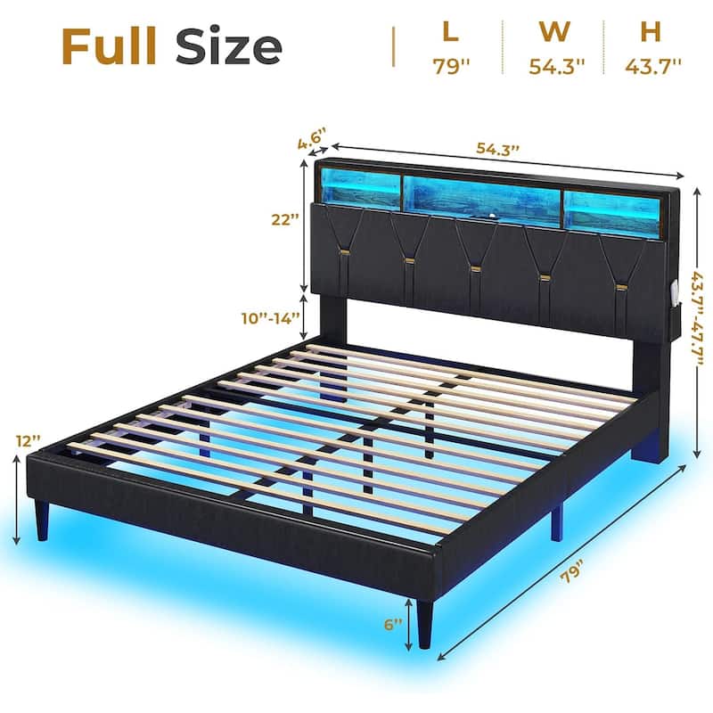 Bed Frame Storage Headboard RGB LED Lights Upholstered Platform