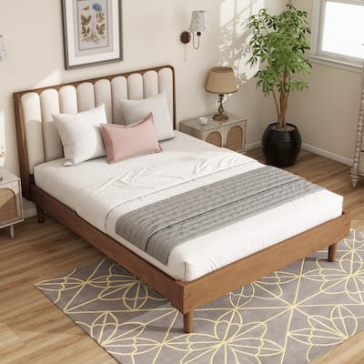 Wheat Wooden Bed Frame with Piano Key Style Upholstered Headboard, Strengthened Bed Frame Slat Support