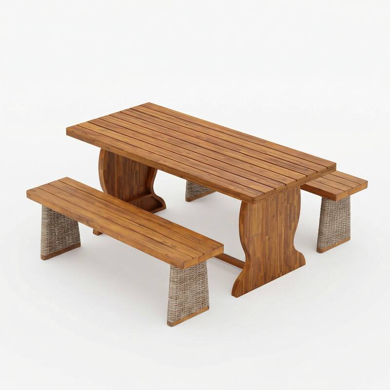 Christopher Knight Home - 3-Piece Outdoor Acacia Wood Dining Set with 2 Woven Ratan Leg Benches & 70" Solid Wood Dining Table