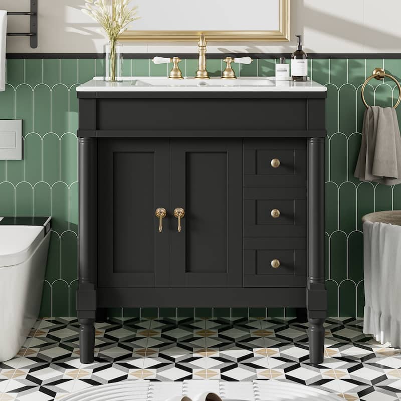 30" Bathroom Vanity with Ceramic Sink Bathroom Storage Cabinet with 3 Drawers and U-Shaped Adjustable Shelf - Black