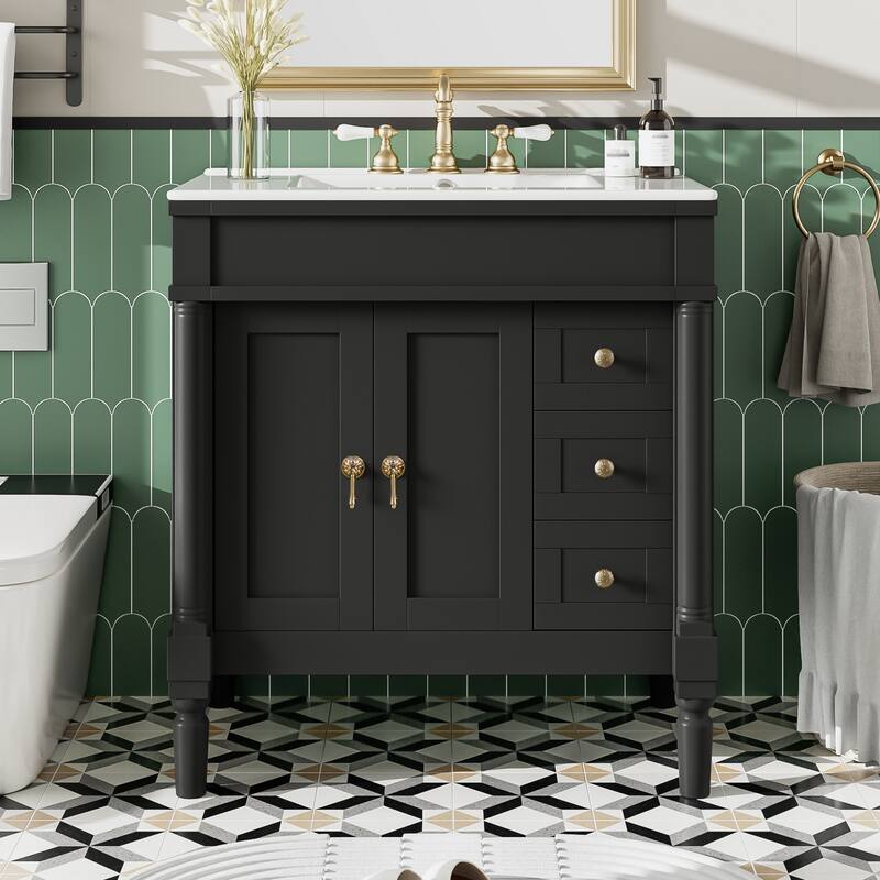 30" Elegant Bathroom Vanity Set with Ceramic Sink - Solid Wood & MDF, 2 Doors & 3 Drawers, Soft-Close, Adjustable Shelf