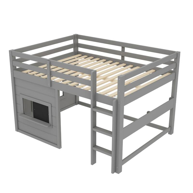 Full Size loft bed with a playful sliding chalkboard, built-in bookshelf, and high-quality safety rails