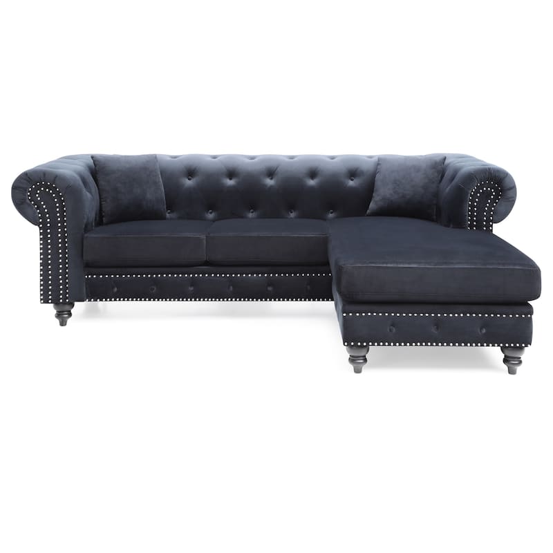 Tufted Velvet L-Shape 3-Seater Sectional Sofa with Throw Pillows - 98" - Black