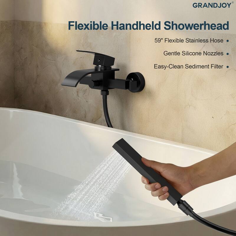 GRANDJOY Wall-mount Waterfall Bathtub Faucet with Handheld Shower