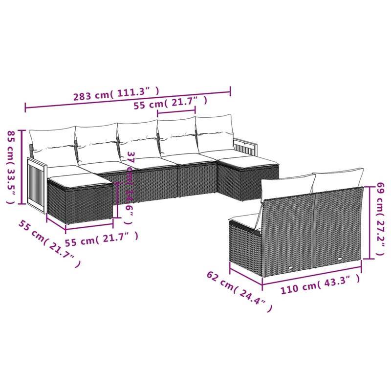 vidaXL 9 Piece Patio Sofa Set with Cushions Black Poly Rattan