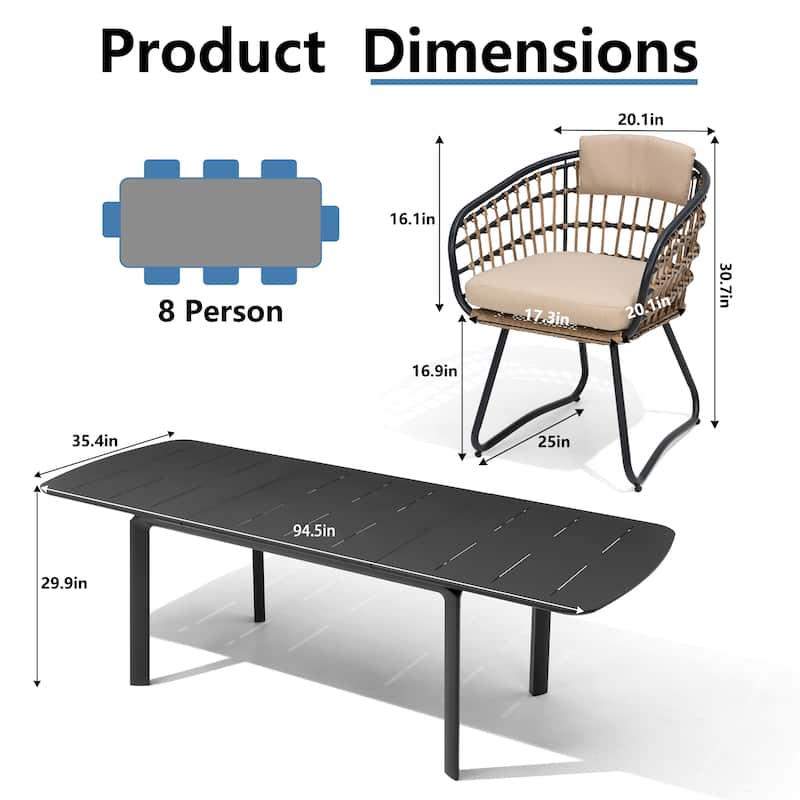 7/9PC Outdoor Aluminum Expandable Patio Dining Sets Extension Table with Rattan Chair