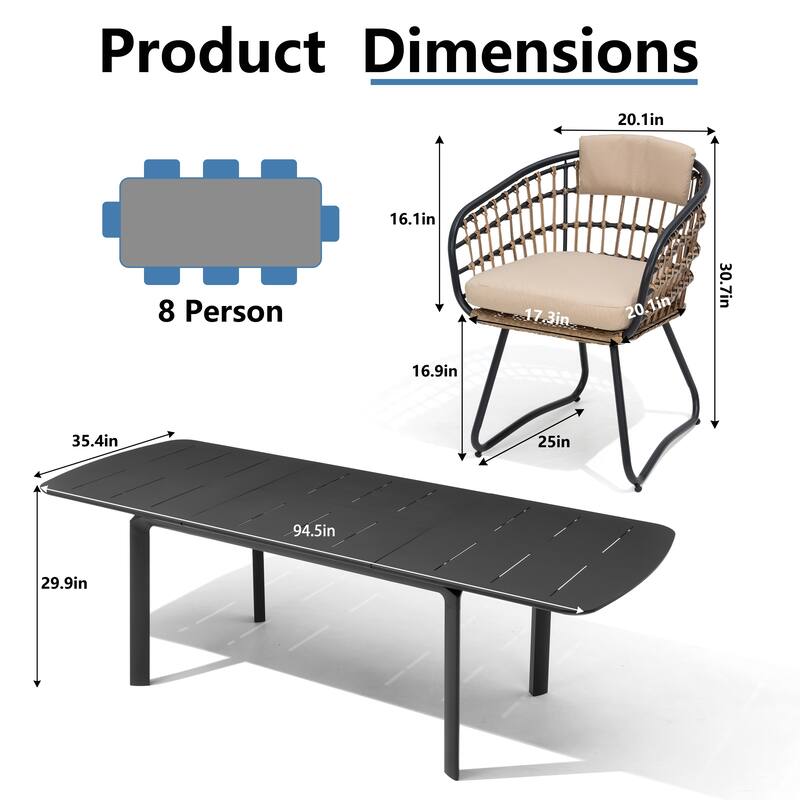 9-PC Outdoor Patio Aluminum Expandable Dining Sets Extension Table with Rattan Chairs