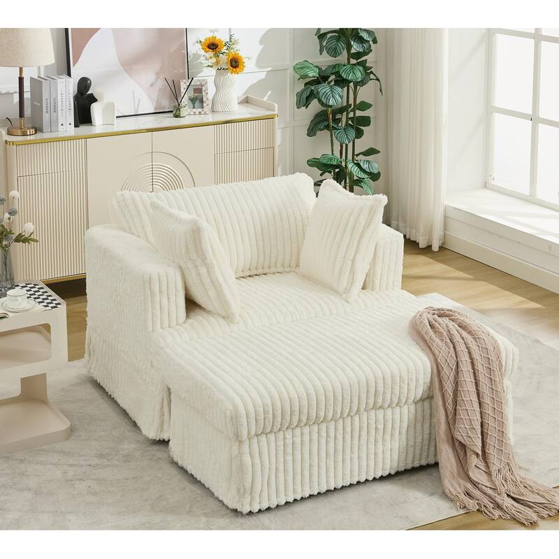 Oversized Corduroy Reclining Chair Deep Seat Armchair Single Thickened Upholstered Sofa with Pillow and Ottoman